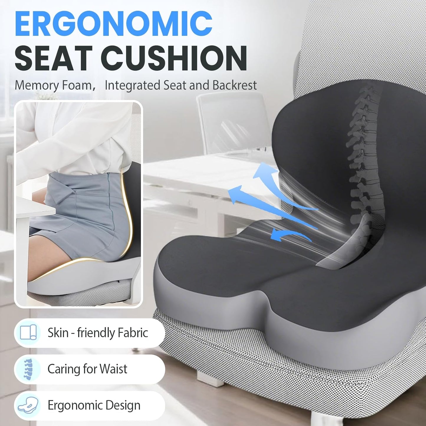 Back and Seat Cushion, 2025 New Ergonomic Non-Slip Memory Foam Seat Cushion with Back Support, L-Shaped Breathable Seat Cushions for Car, Office, Home (Light Gray)