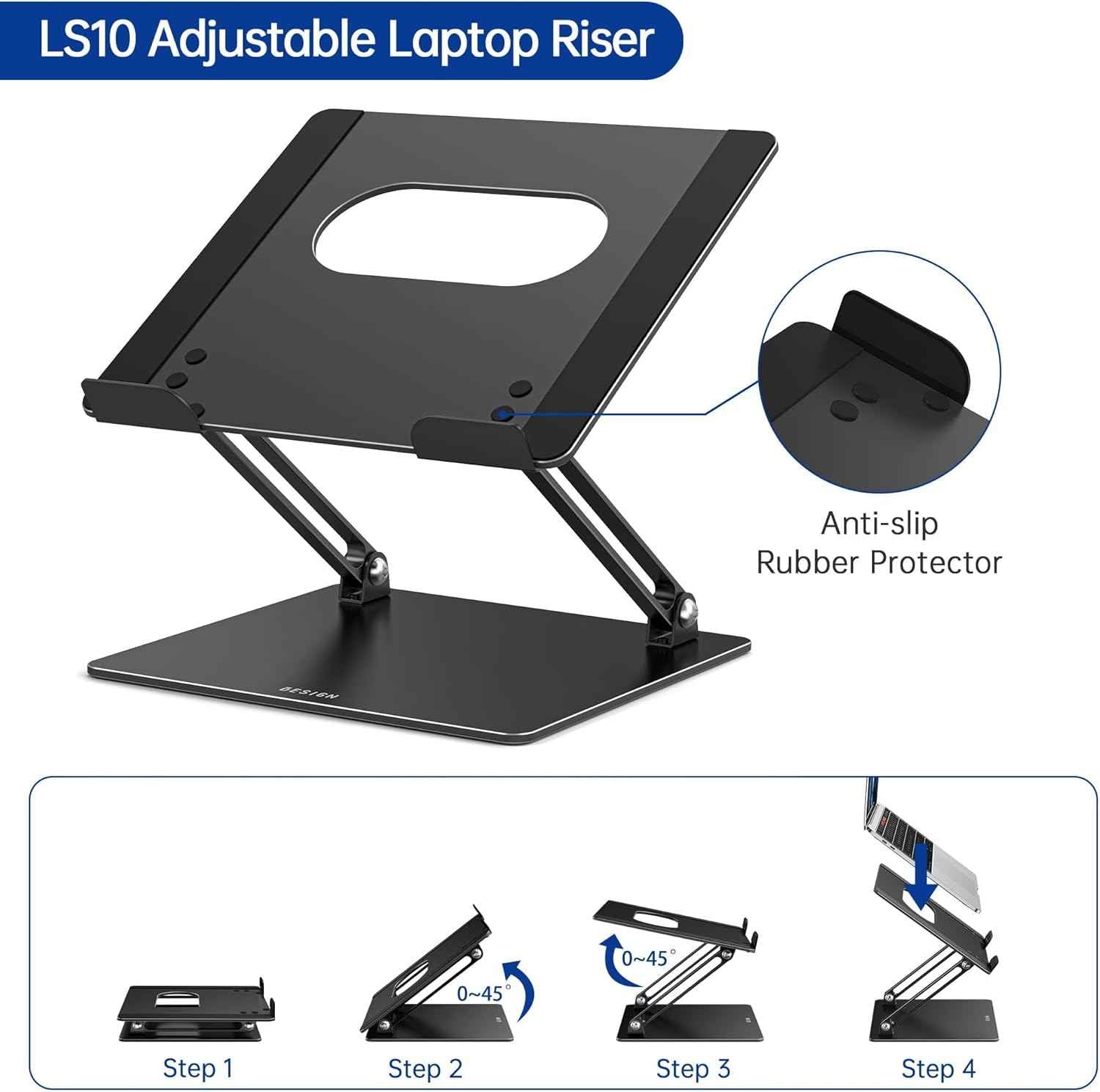BESIGN LS10 Laptop Stand for Desk, Ergonomic Adjustable Notebook Tablet Stand, Foldable Laptop Riser, Portable Desktop Book Stands, Computer Holder Compatible with 10-14" Laptops, Black
