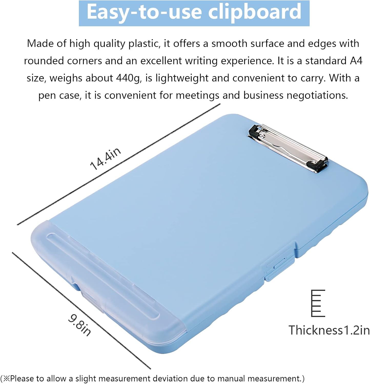 Clipboard with Storage, A4 Binder Nursing Clipboards with Pen Holder, Heavy Duty Storage Clipboard with Low Profile Clip, Clipboards Folder Side-Opening, Smooth Writing Clip Board (Lake Blue)