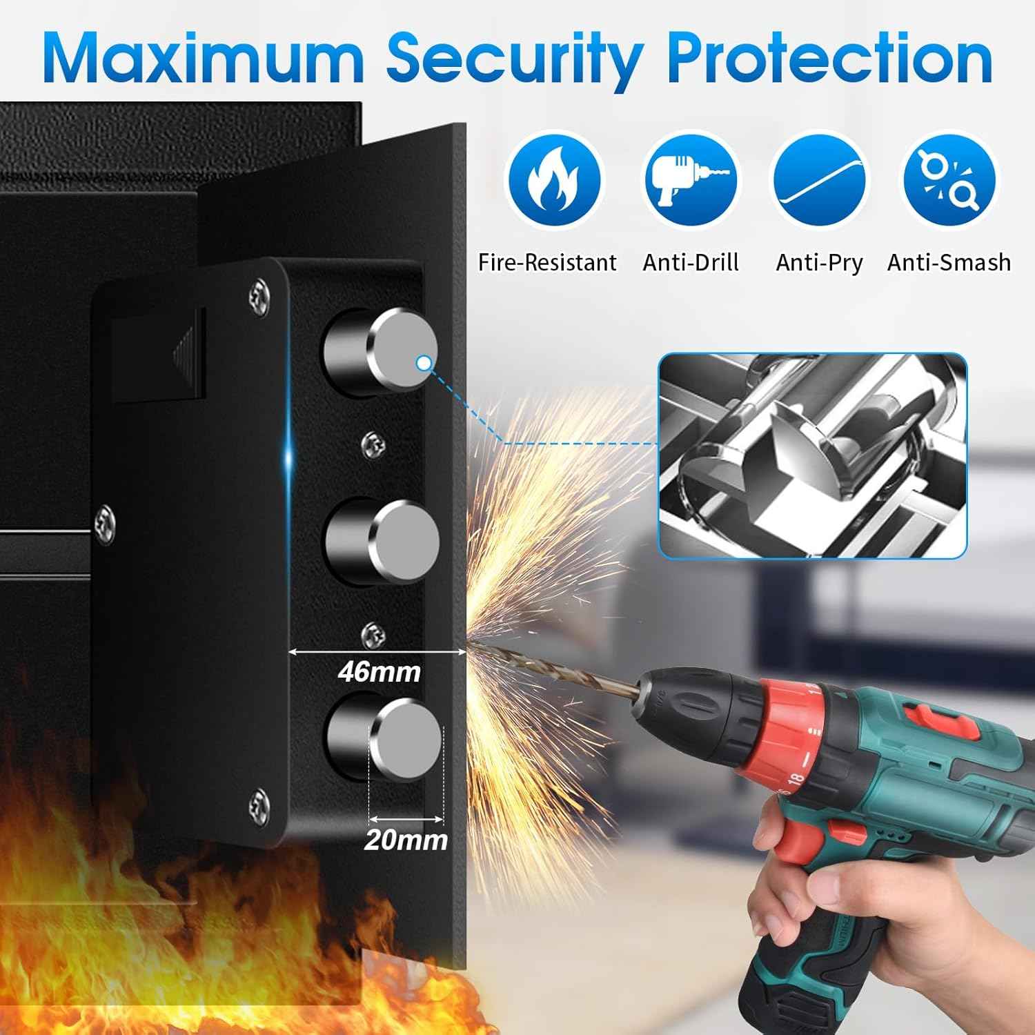 TOTOY 1.5 Cu Ft Small Fireproof Safe Box For Home Documents with Type-C External Power - Steel Security Safe Lock Box with Electronic Keypad, LED Sensor Light- Safety Box For Cash, Jewelry