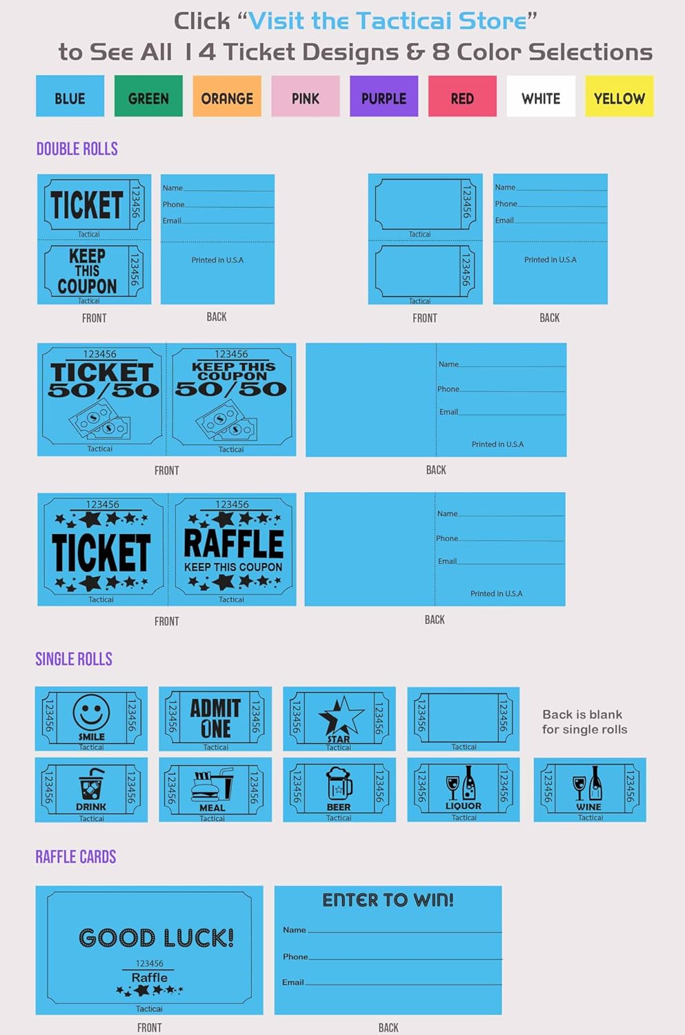Tacticai 500 Raffle Tickets, Blue (1 of 8 Colors), Double Roll, Ticket for Events, Entry, Class Reward, Fundraiser & Prizes