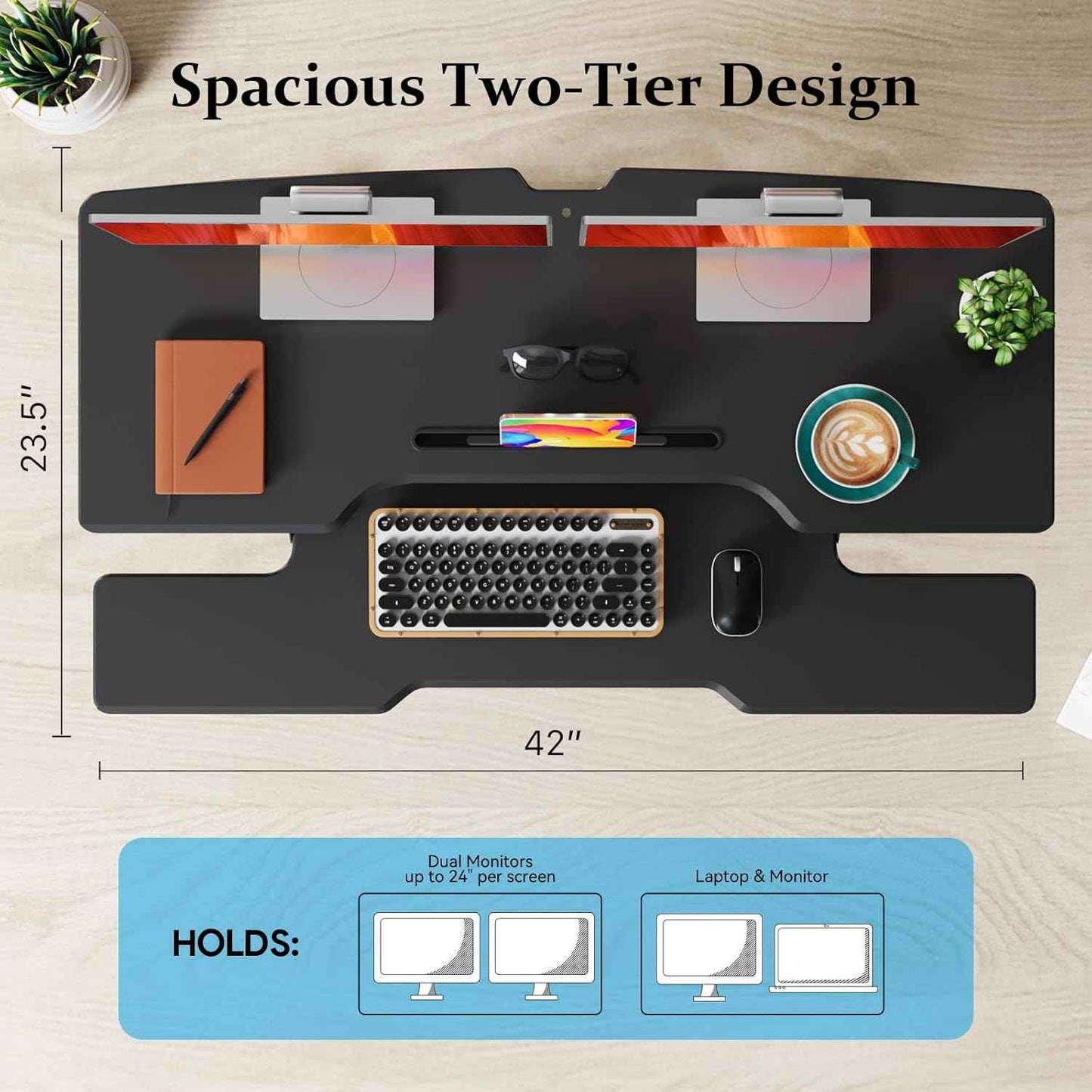 42 inch Standing Desk Converter, Height Adjustable Desktop Standing Desk with Keyboard Tray for Two Monitors, Sit to Stand up Desk Riser Computer Workstation for Home Office, Black