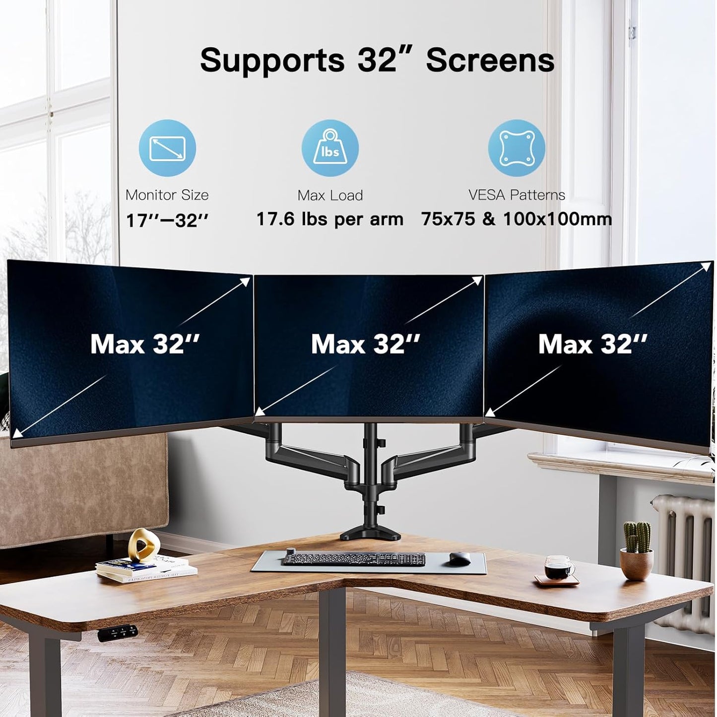 HUANUO Triple Monitor Mount for 17 to 32 inch Screens, Gas Springs Adjustment Triple Monitor Stand with Swivel, Tilt, Rotation, Clamp & Grommet Kit (Black)