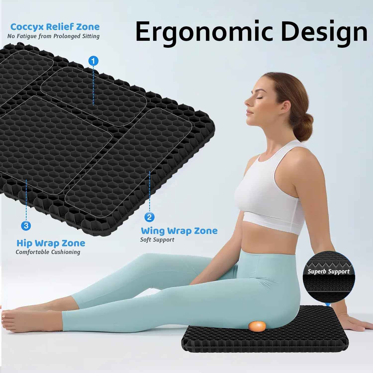 Egg Gel Seat Cushion, Breathable Gel Cushion Chair Pads with Non-Slip Cover for Home Office Car Wheelchair, Honeycomb Design Egg Seat Cushion As Seen On TV (Black)
