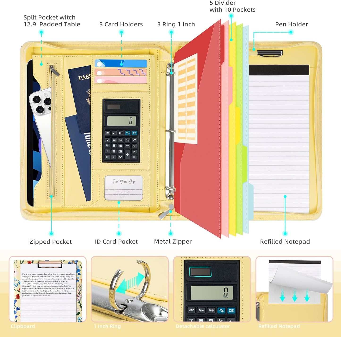 Ospelelf Leather Clipboard Binder with Storage - 3 Ring Zippered Padfolio Portfolio Folder - Calculator, 12.1” Tablet Sleeve, 5 Dividers with Pocket, Refillable Notepad, Card Slot (Floral)