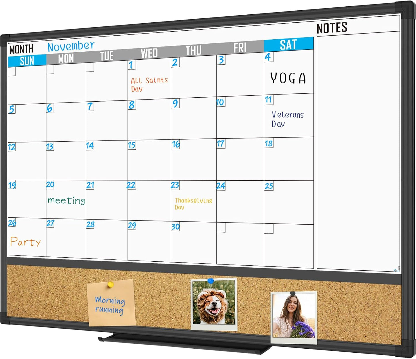 XBoard Dry Erase Calendar Whiteboard 36 X 24 - Combo White Board Calendar Monthly, Magnetic White Board + Corkboard with Black Aluminum Frame, 10 Colorful Push Pins & Marker Tray Included - Lumora Desk