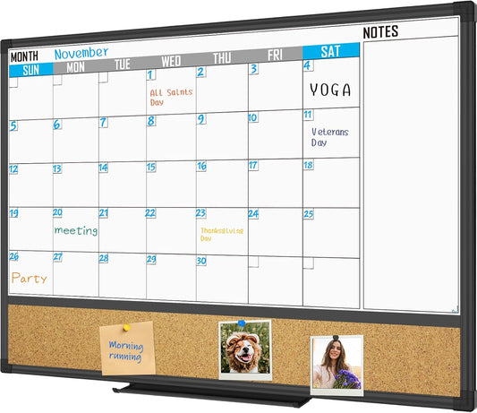 XBoard Dry Erase Calendar Whiteboard 36 X 24 - Combo White Board Calendar Monthly, Magnetic White Board + Corkboard with Black Aluminum Frame, 10 Colorful Push Pins & Marker Tray Included - Lumora Desk