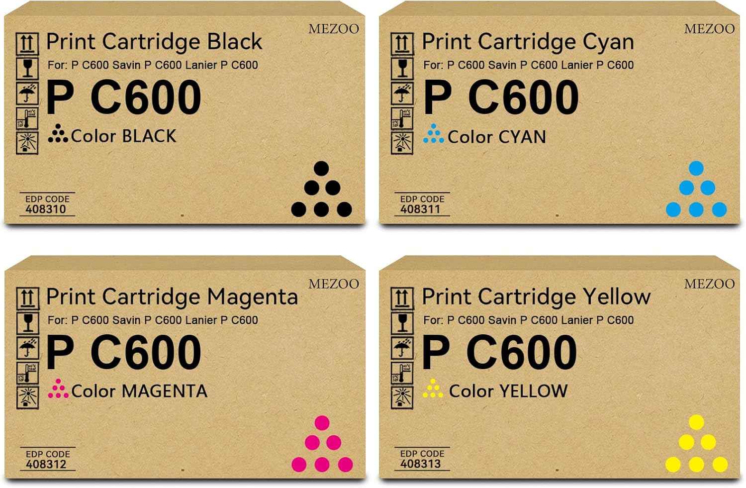 MEZOO P C600 PC600 Toner Cartridge High Yield Compatible for Ricoh 408310 408311 408312 408313 Toner Cartridge Replacement for Ricoh Savin Lanier P C600 PC600 Printer(4-Pack,BK/C/M/Y)