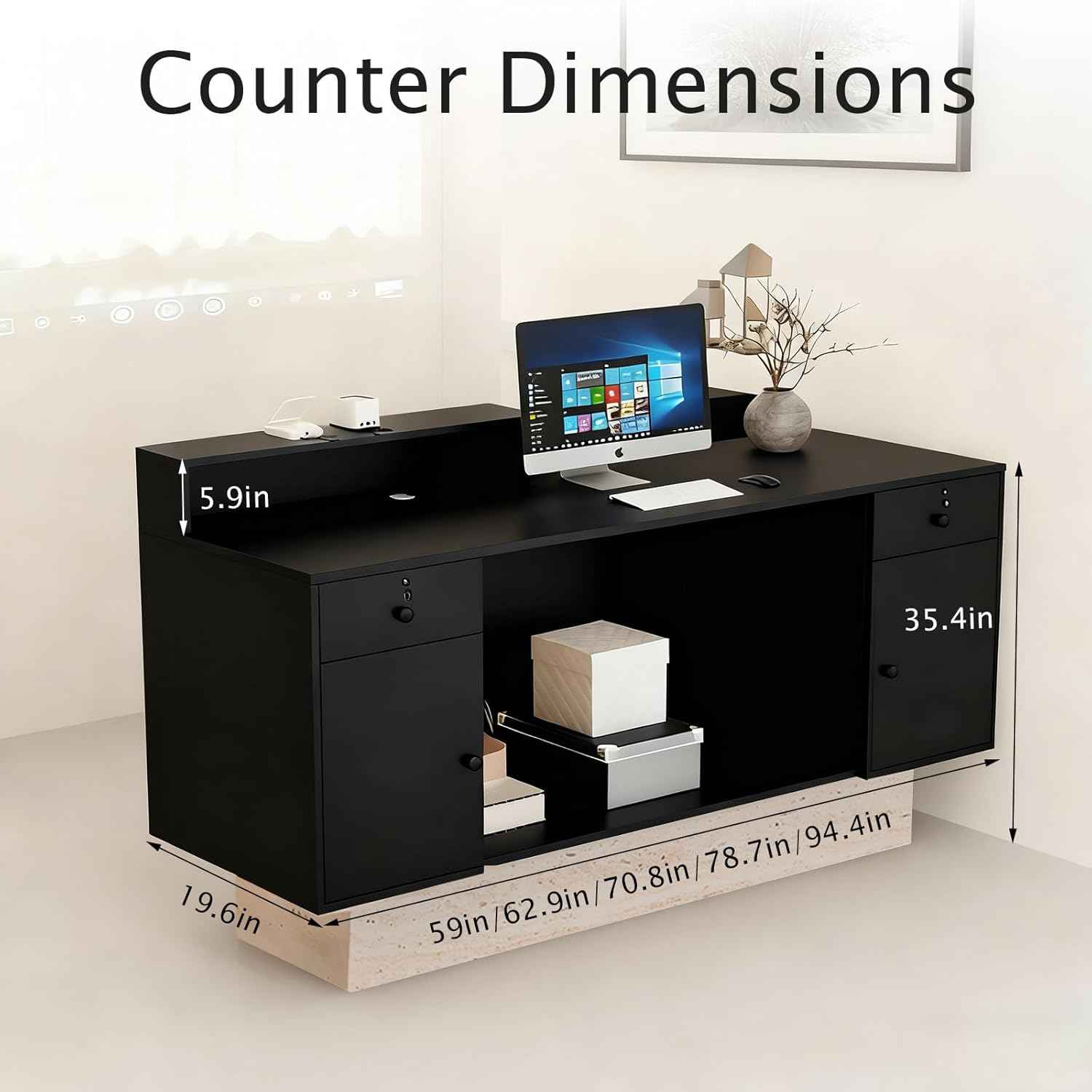Front Reception Desk with Counter - Wood Modern with Storage Drawer for Salon Retail Office Checkout Barber Counter Table Mostrador para Negocio,Black + Stone/Right - 47.2″x19.6″x41.3″