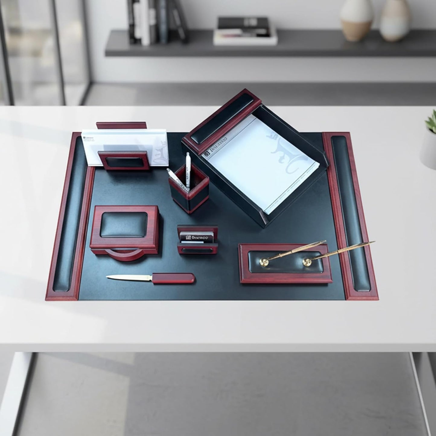 Dacasso Rosewood and Leather Desk Set, 8-Piece