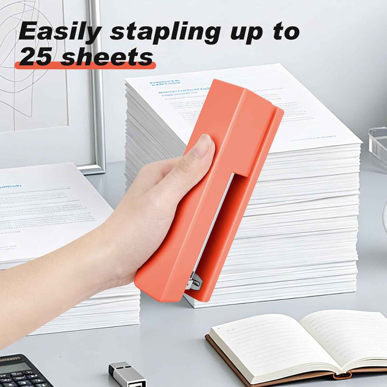 Office Desktop Stapler - 25 Sheet Capacity with 830 Staples and Staple Remover,Staplers for Desk,Non-Slip for School, Home, Orange