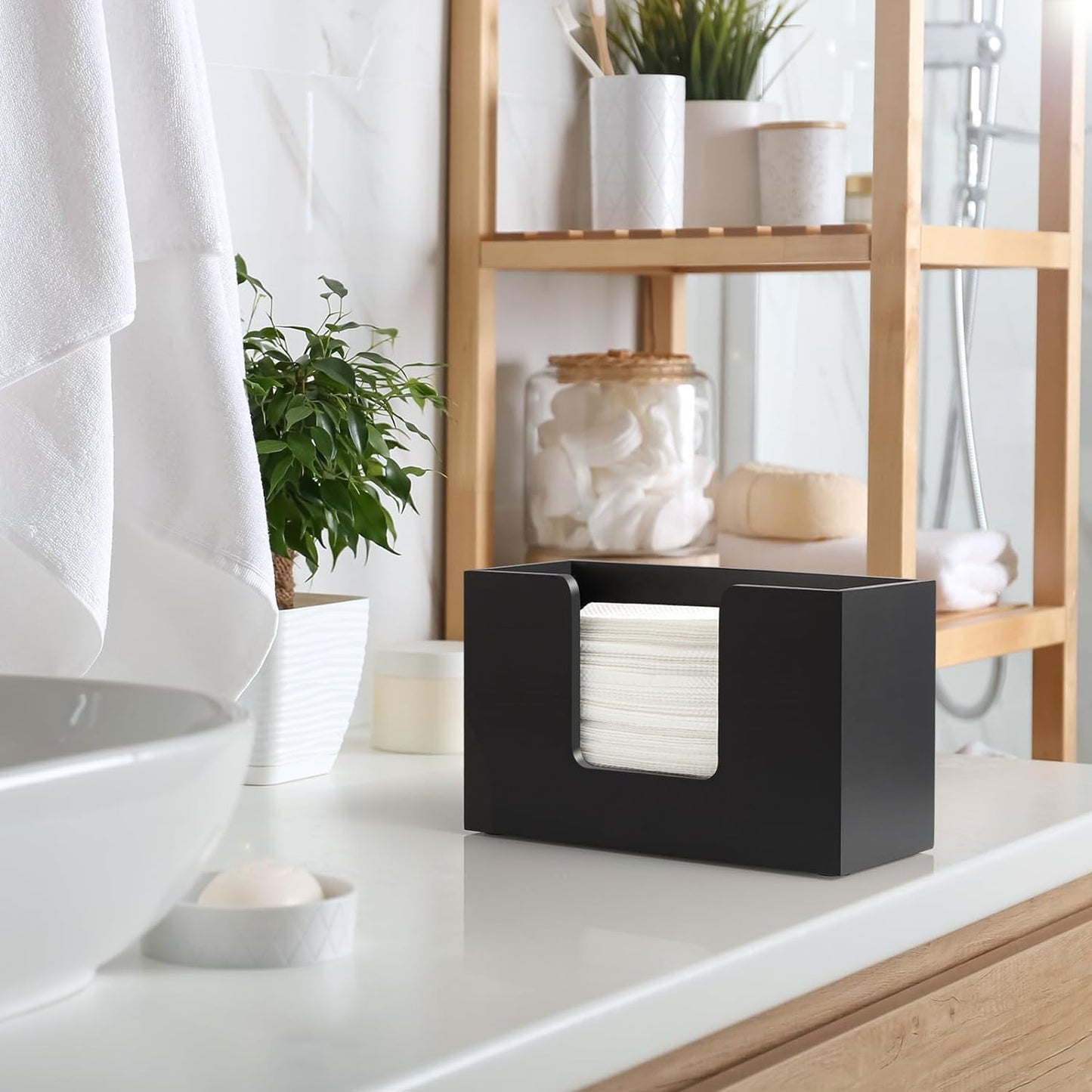 Paper Towel Dispenser Countertop, Wooden Bathroom Paper Towel Holder, Black Napkin Holder for Kitchen, Countertop Multifold C-Fold, Z-Fold, Trifold Paper Hand Towel Dispenser for Bathroom Toilet