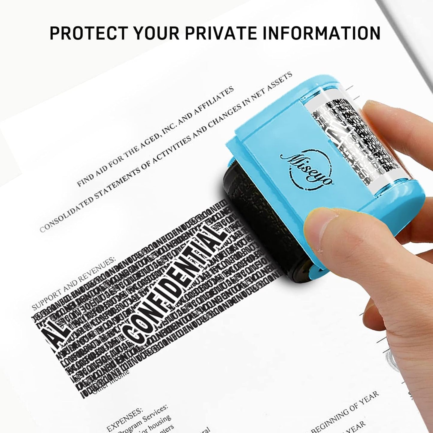 Miseyo Identity Theft Protection Roller Stamp Set - Blue (6 Refill Ink Incleded)
