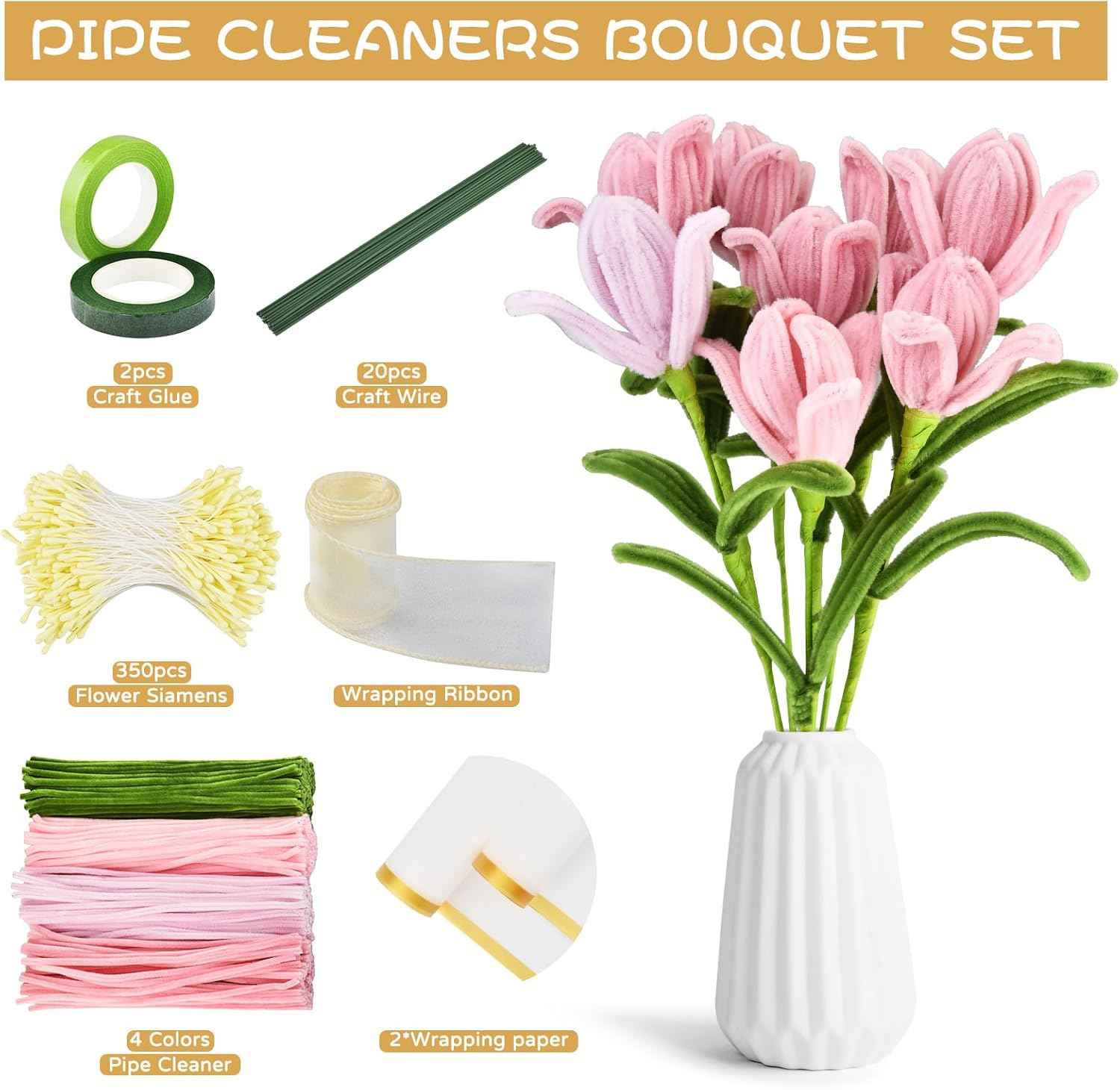 400 PCS Chenille Stems Assorted Colors – Pipe Cleaners Bulk for DIY Crafts & Flowers, Pipe Cleaners Craft Kit with Floral Wires, Gardening Tape, Wrapping Paper, Stamen & Ribbon for Bouquets