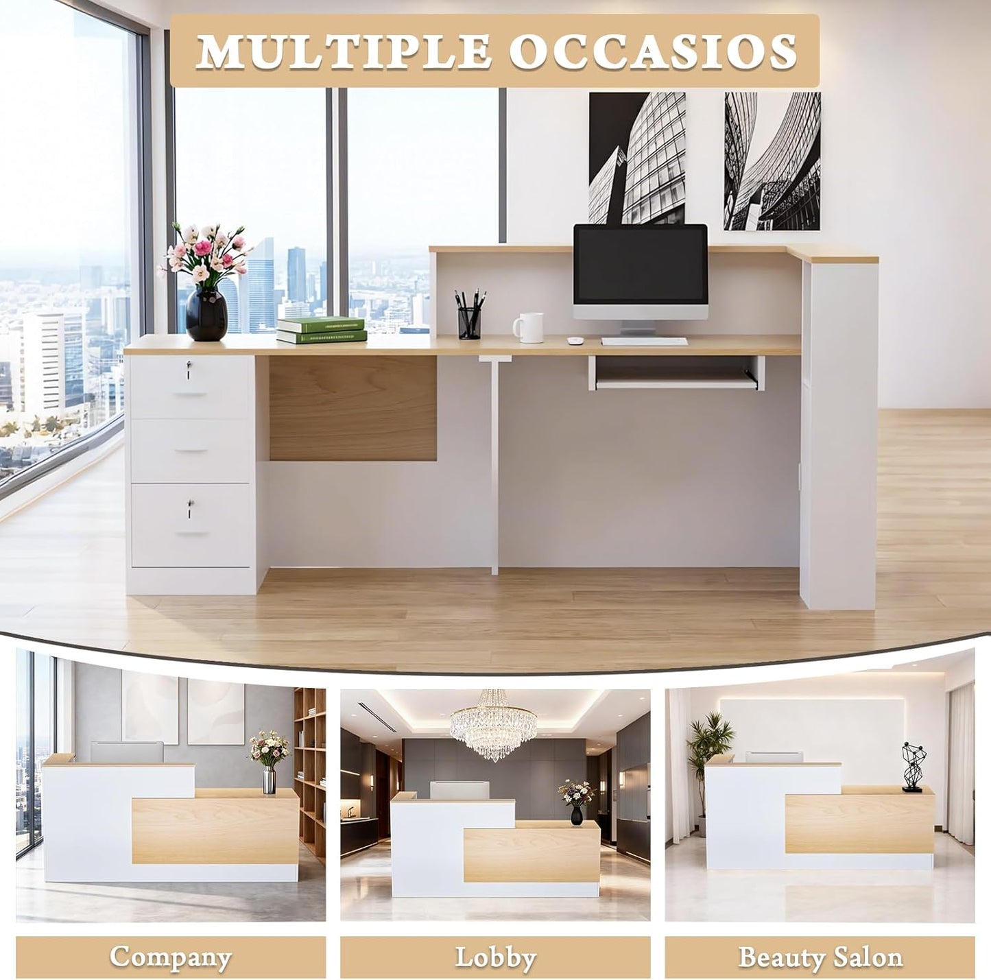 L-Shaped Large Wooden Reception Desk, Modern Front Desk Reception Counter with Lockable Drawers & Storage & Keyboard Tray, for Checkout, Lobby (Left-Natural wood/White, 71''L x 42''W x 41''H)
