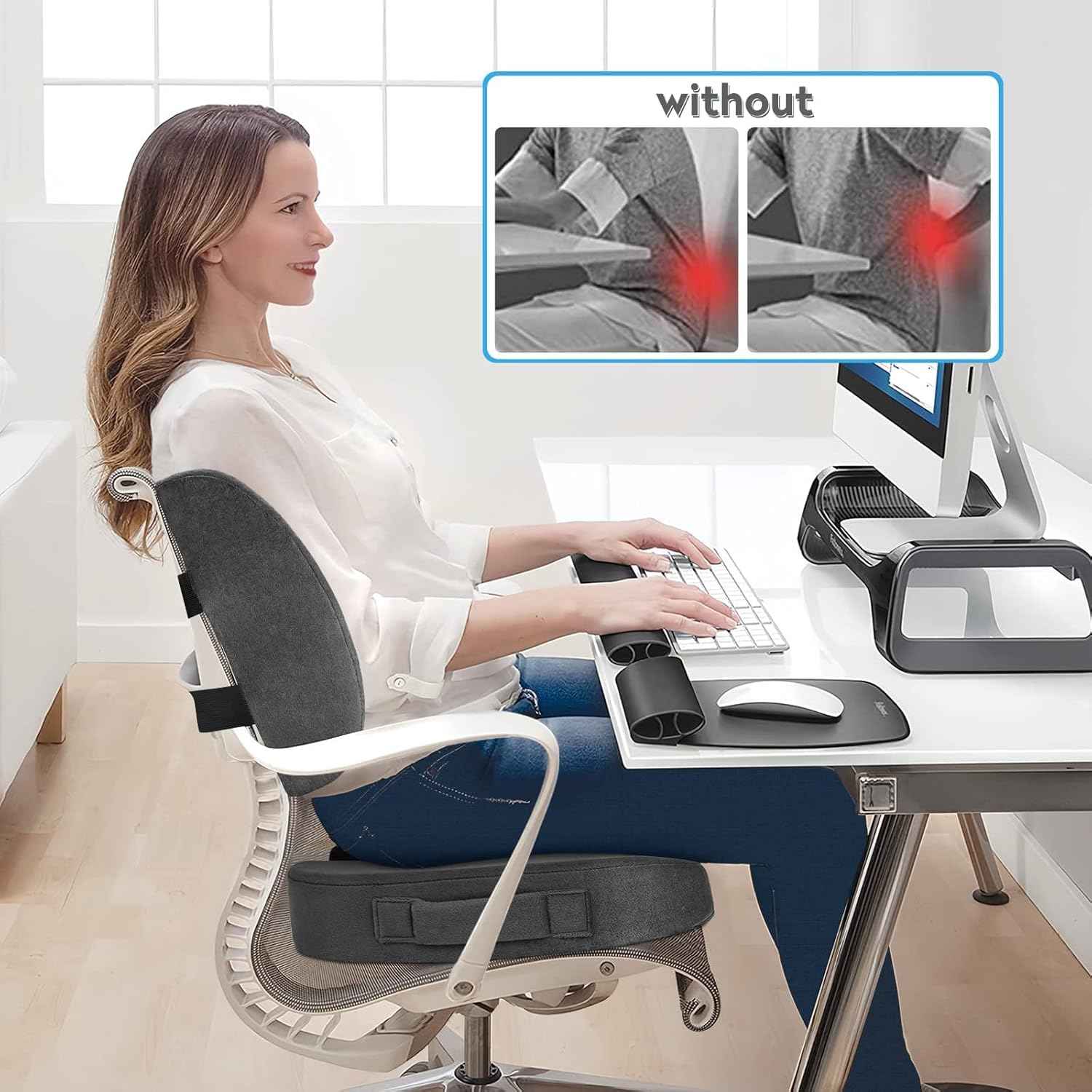 CloudBliss Lumbar Support Pillow & Seat Cushion Set for Office Chair, Desk Chair, Wheelchair & Car–Memory Foam Back Support, Ergonomic Chair Cushions,Sciatica Pain Relief,Home Essentials(Grey,XL)