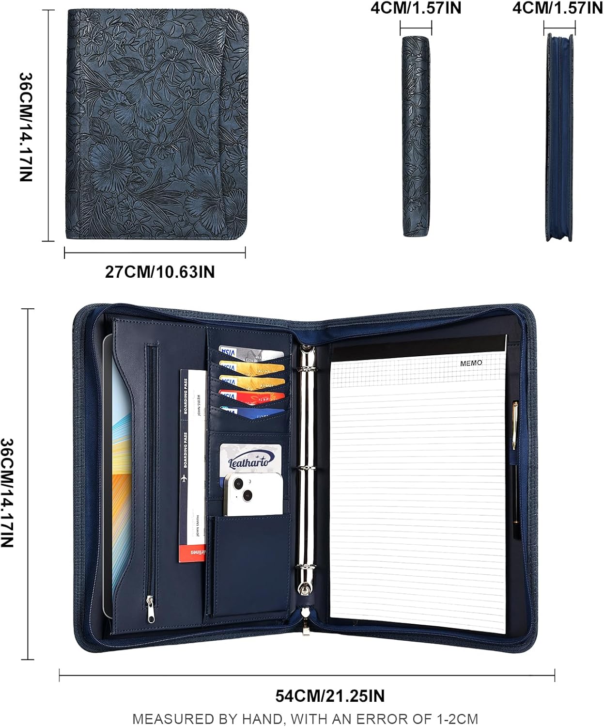 Leathario Portfolio Binder, Includes 5 Folder Index Dividers and 3 Notepads, 3-Ring Folder Organizer, Padfolio with Zipper, Vegan Leather Tablet Sleeve, Business Office Conference Clipboards