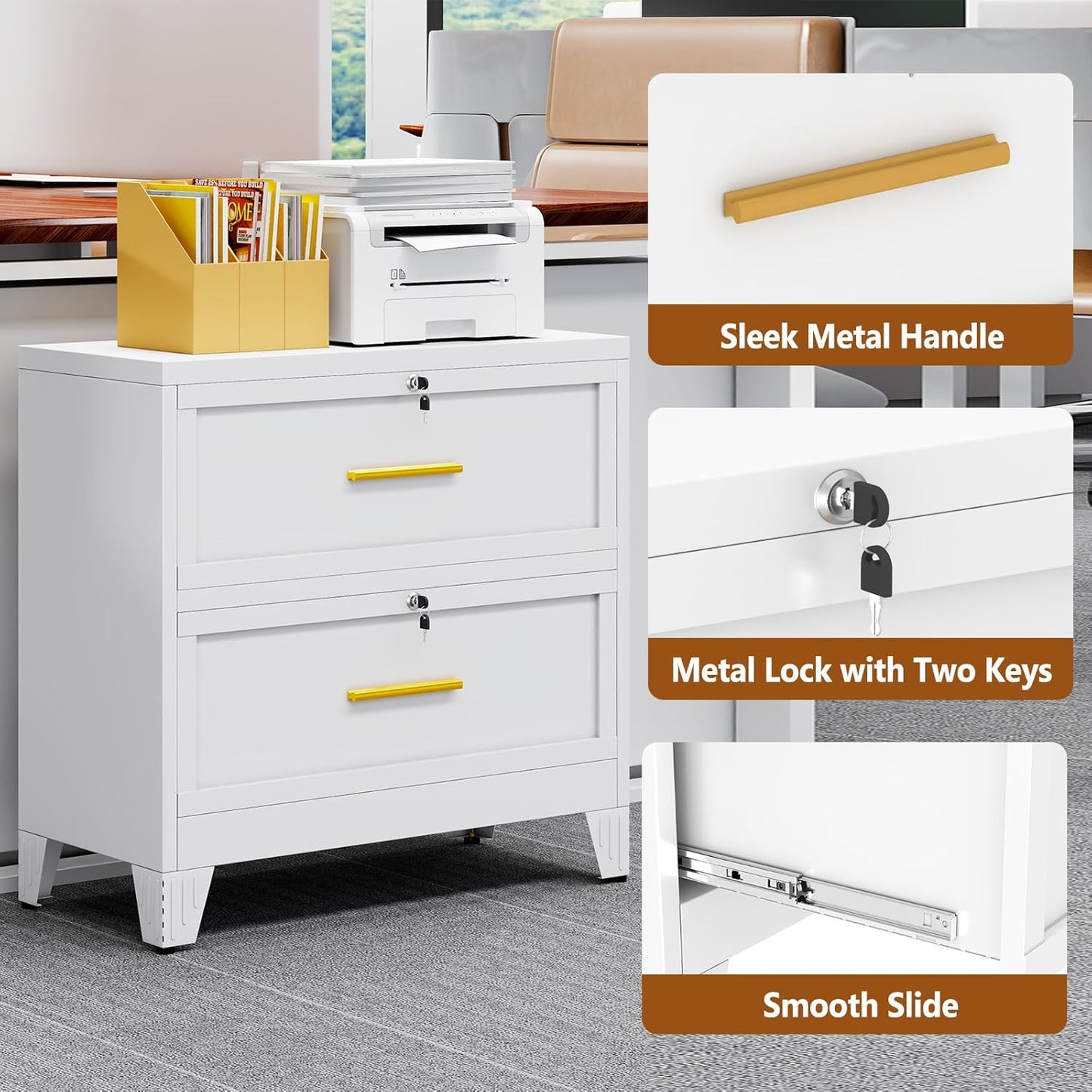 Metal Lateral File Cabinet with Lock,2 Drawer Steel Wide Filing Organization Storage Cabinets for Legal/Letter/A4/F4 Size with Hanging Files&Key,Lockable Printer Stand for Home Office, White