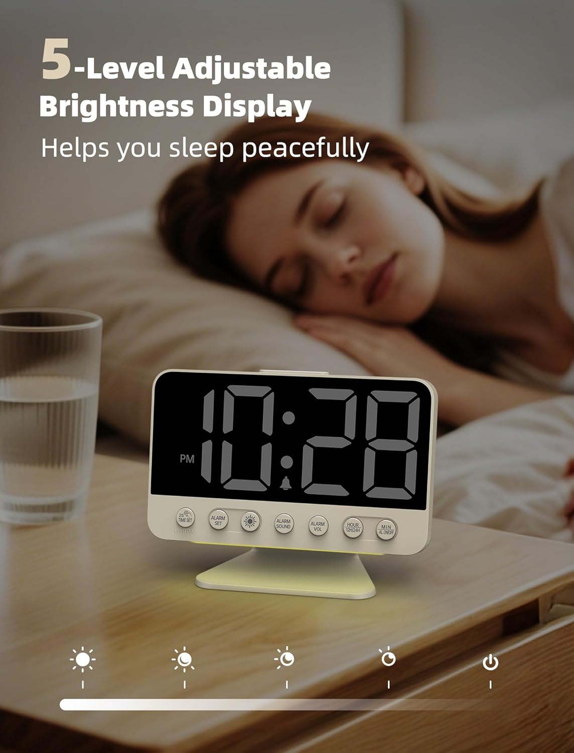 Digital Alarm Clocks for Bedrooms: Large Bold Number 5 Brightness Dimmer - Easy to Read Across The Room - 5 Alarm Sound 8 Night Light - Putty