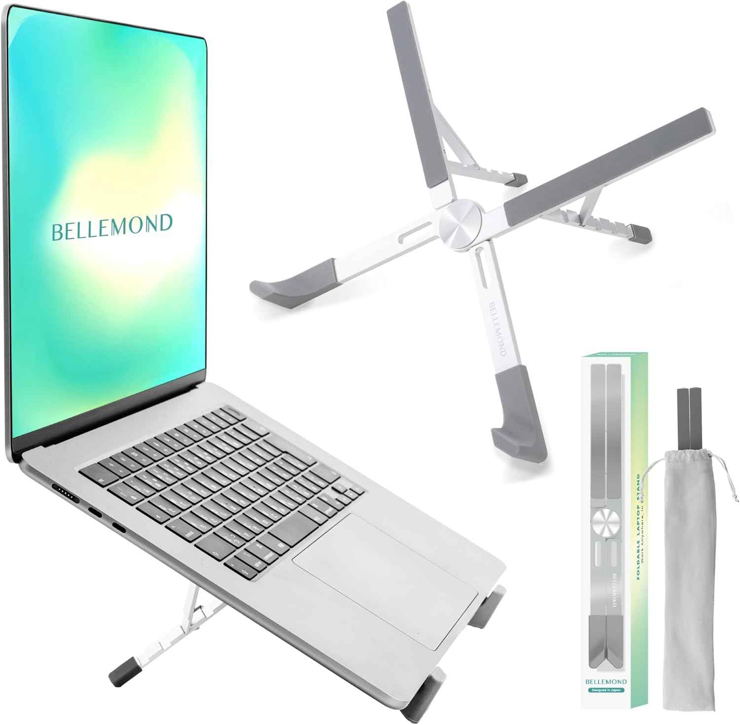 BELLEMOND Foldable Portable Laptop Stand | Ultralight Travel Riser | X-Frame Adjustable Aluminum | Fits MacBook, Dell, HP, Lenovo 10-17.3" | Carry Pouch | Space Silver