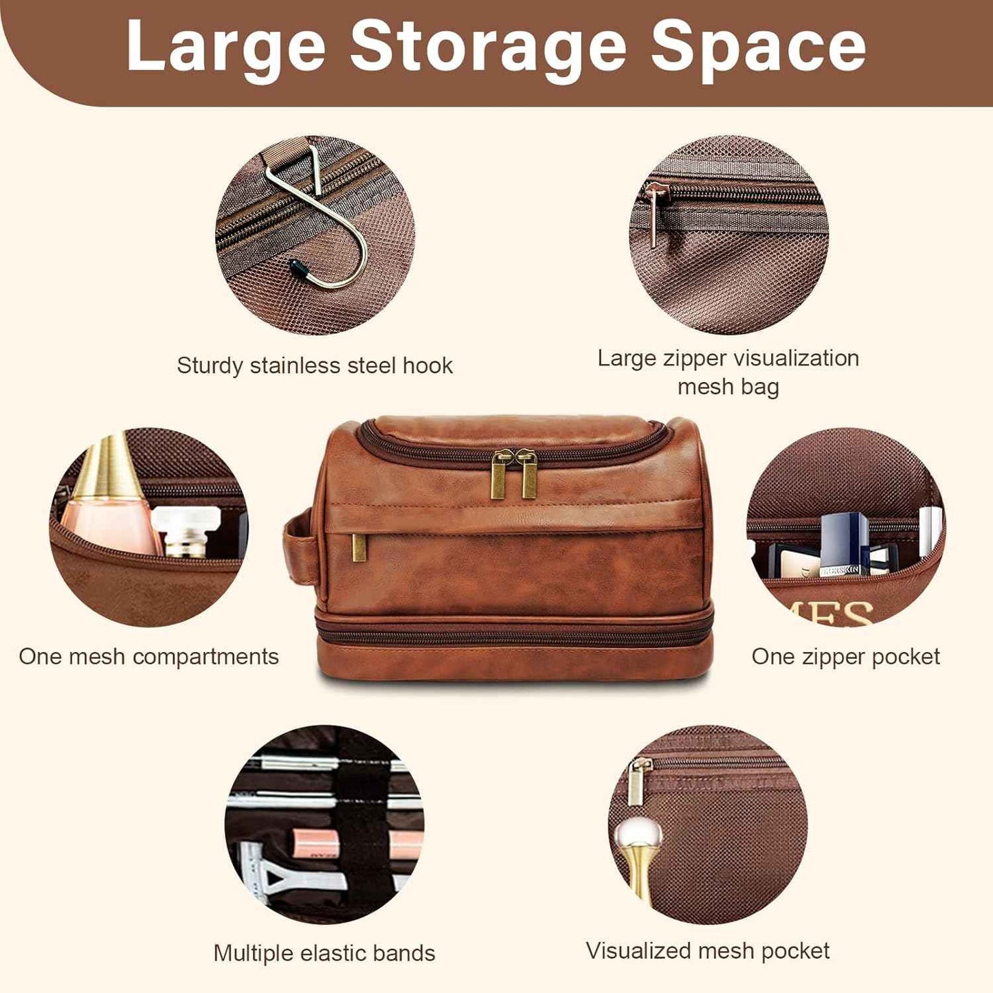 Toiletry Bag for Men, Large Leather Travel Essentials Shaving Kit, Water Resistant Bathroom Toiletries Organizer Cosmetic Bags, Gifts for Men, Him, Father, Dad, Husband, Son, Boyfriend, Grandpa