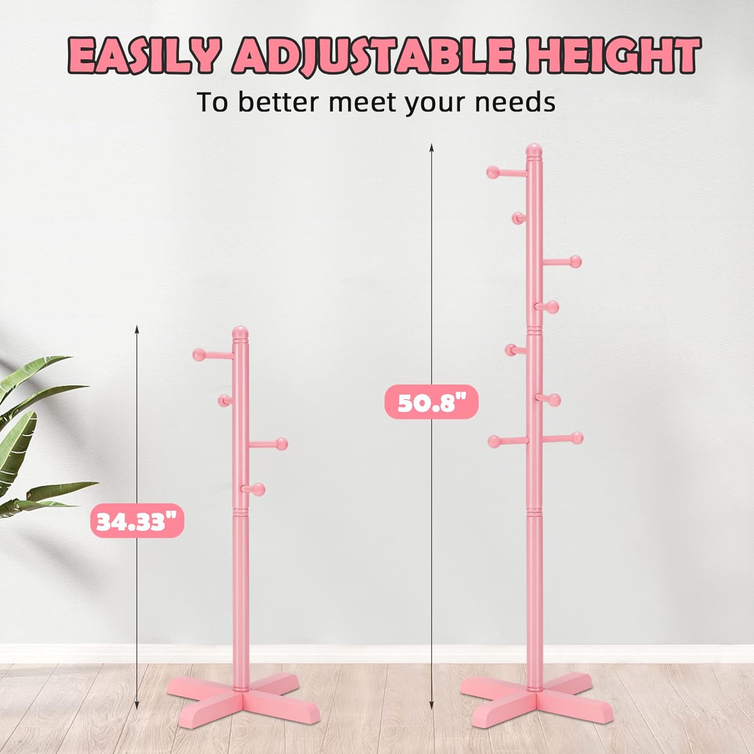 Kids Coat Rack, Freestanding Coat Racks with 8 Hooks 2 Adjustable Height, Tree Coat Rack for Bedroom, Hallway, Entrance, Office, Hats, Handbags,Purse (Pink) - Lumora Desk