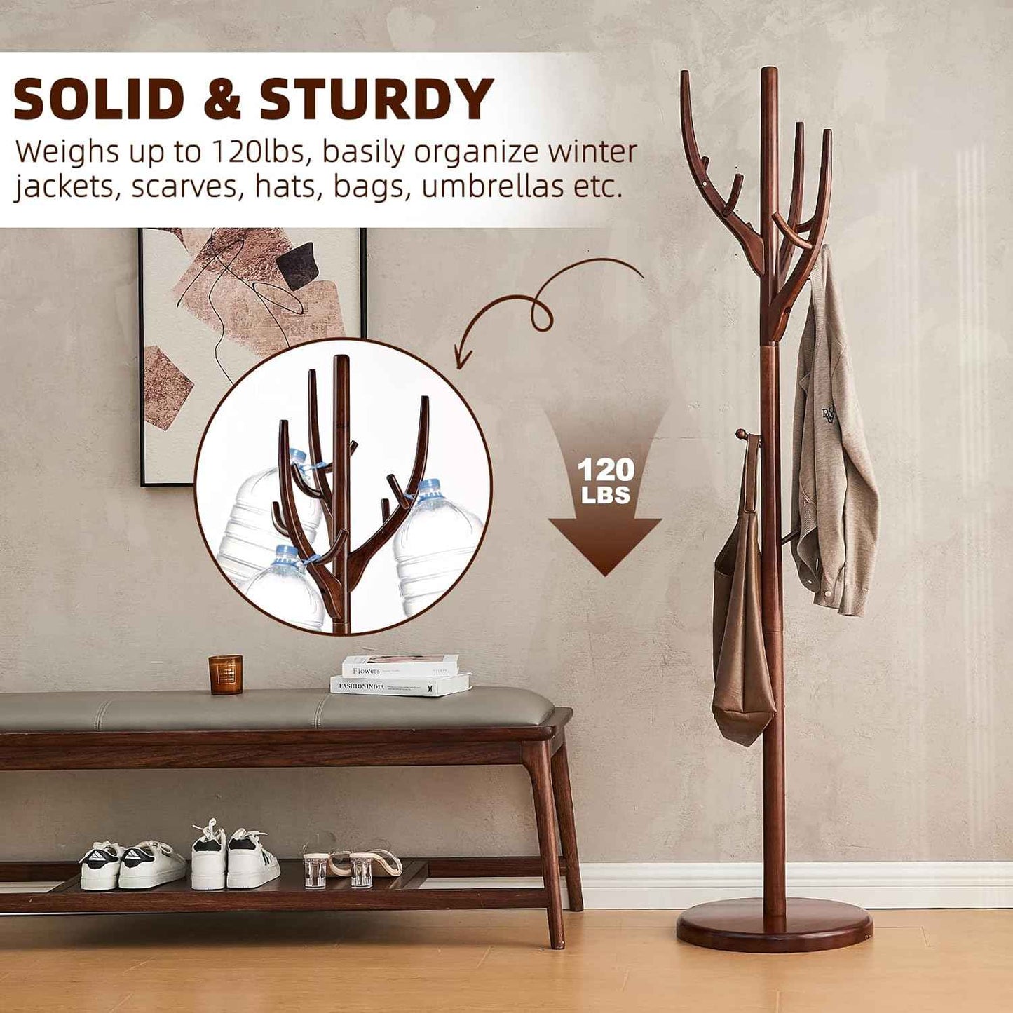 Uniclinens Coat Rack Freestanding Solid Wood Coat Tree Standing with 12 Hooks, Coat Rack Stand Creative Tree Branch-look (Walnut)