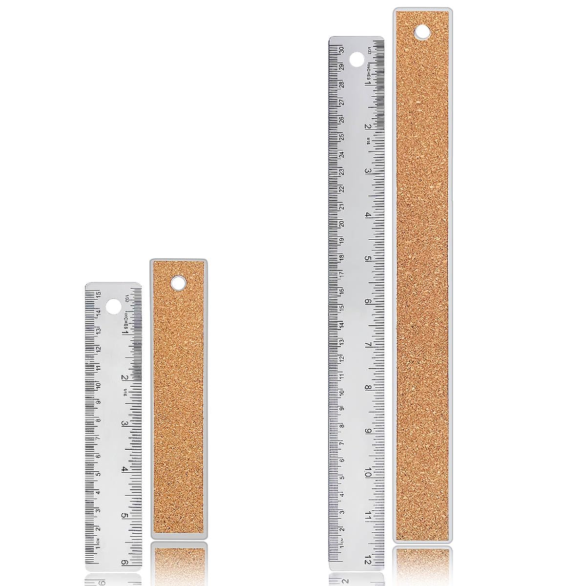Metal Ruler 6 Inch 12 Inch Stainless Steel Metal Ruler with Cork Backing, Non-Slip Rulers with Inch and Centimeters, Straight Edge Cork Base Rulers for Student School Office Drafting Tools