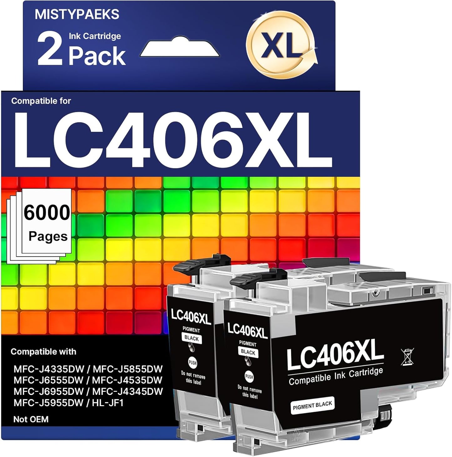 2 Pack LC406XL Black Ink Compatible for Brother LC406 Ink Cartridges LC406 Ink Cartridges for Brother Printer Compatible with MFC-J4535DW MFC-J4335DW MFC-J5855DW MFC-J6555DW MFC-J6955DW