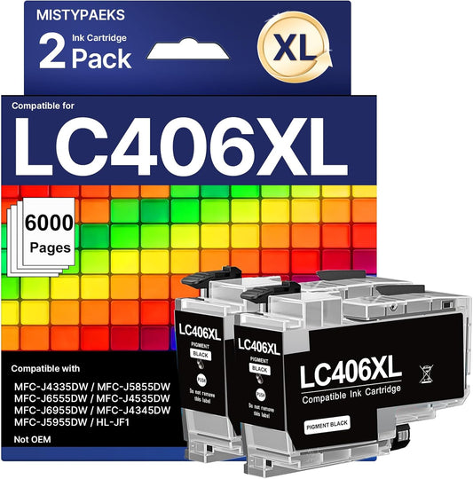 2 Pack LC406XL Black Ink Compatible for Brother LC406 Ink Cartridges LC406 Ink Cartridges for Brother Printer Compatible with MFC-J4535DW MFC-J4335DW MFC-J5855DW MFC-J6555DW MFC-J6955DW