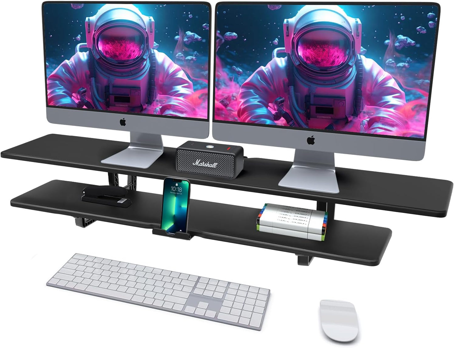 Dual Monitor Stand, 2-Tier Wood Monitor Riser with Storage Organizer and Cable Management, Black