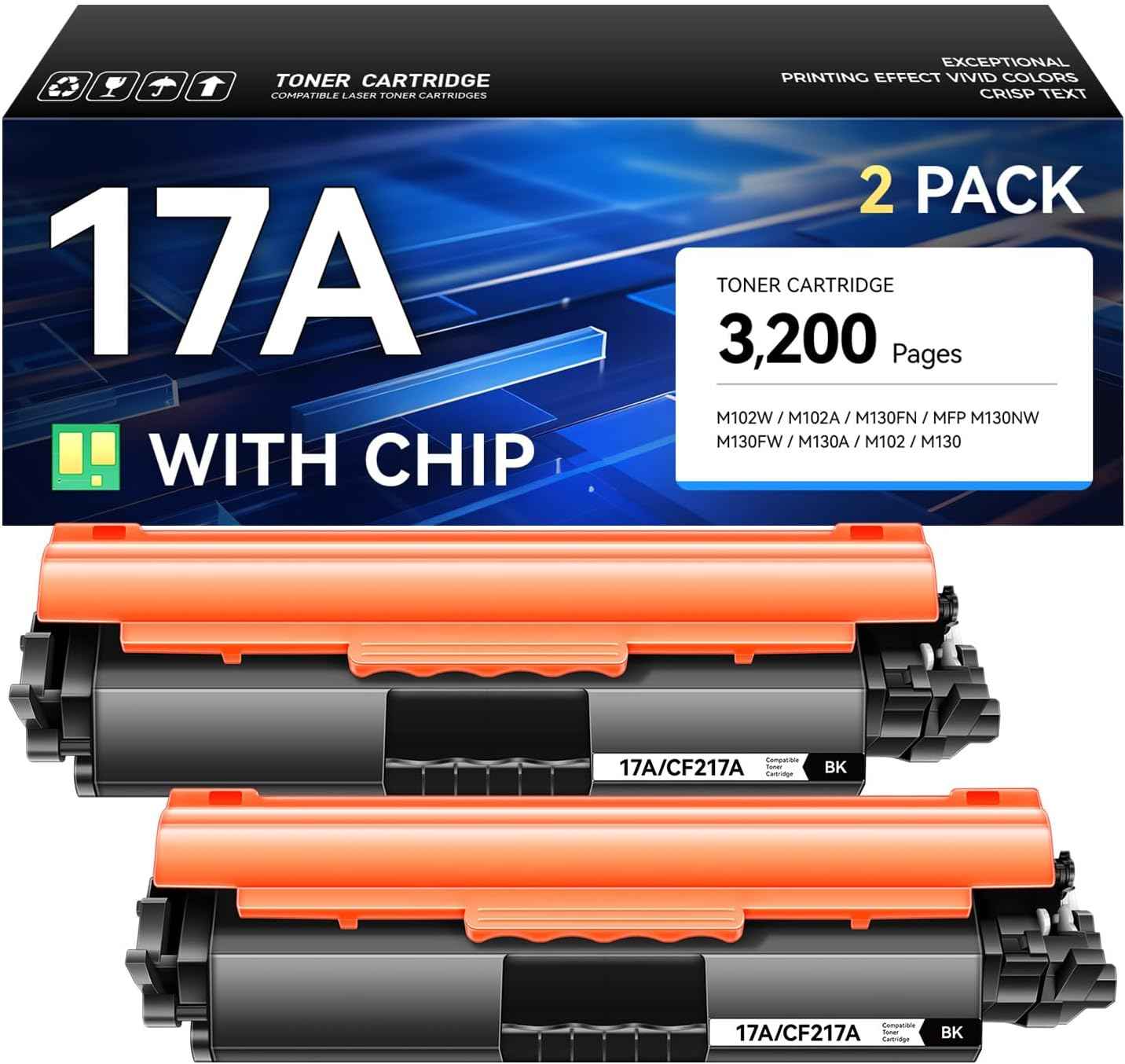 17A Toner Cartridge (Black 2-Pack) High Yield with Chip Replacement for HP 17A CF217A Toner Compatible with HP LaserJet Pro MFP M130a M130fn M130fw M130nw M102a M102w Printer M130 M102 Ink All-in-One