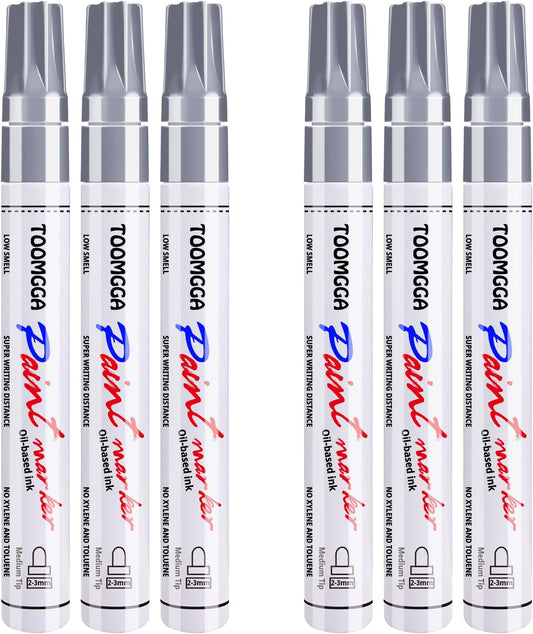 Silver Paint Pens Paint Markers - 6 Pack Permanent Markers Oil Based for Metal Wood, Pens for Metal, Car Tyre,Wood, Plastic, Rock Painting, Glass, Craft Supplies,Waterproof