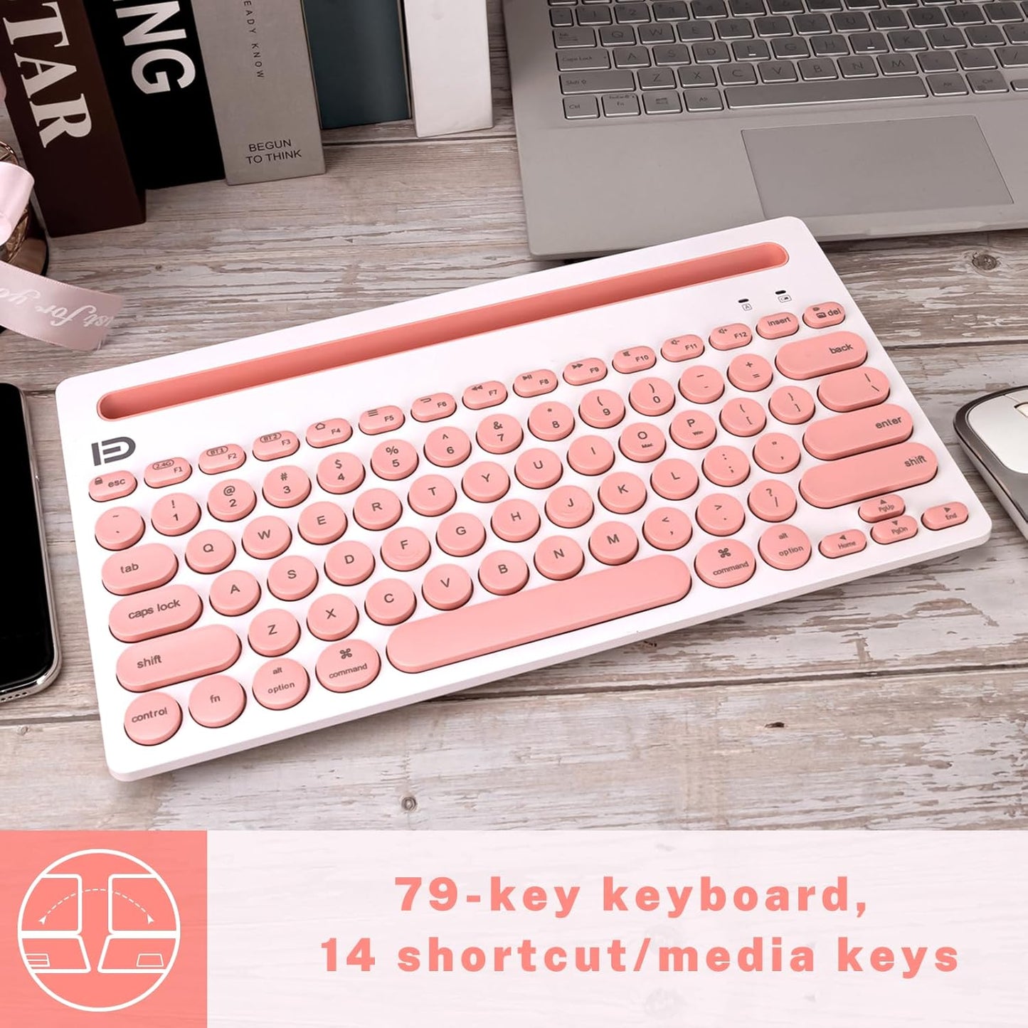 Dual Channel Multi-Device Universal Cute Wireless Bluetooth Keyboard Portable Slim with 20m Connection Distance for Tablet Smart Phone PC Windows Android iOS Mac (Pink)