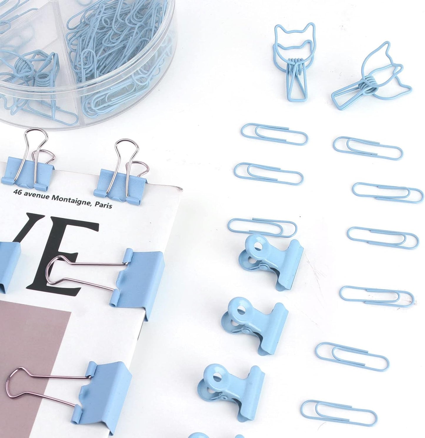Blue Paper Clips and Binder Clips Set, Metal Assorted Sized Binders with Push Pins, Cute Office Supplies for Desk, Desk Accessories