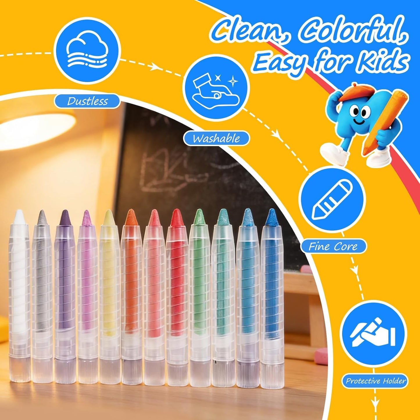 NewFamily 12-Color Dustless Chalk for Kids with Protective Holders, Washable & Non-Toxic, Smooth Writing & Easy to Erase for Chalkboard, Indoor & Outdoor Use