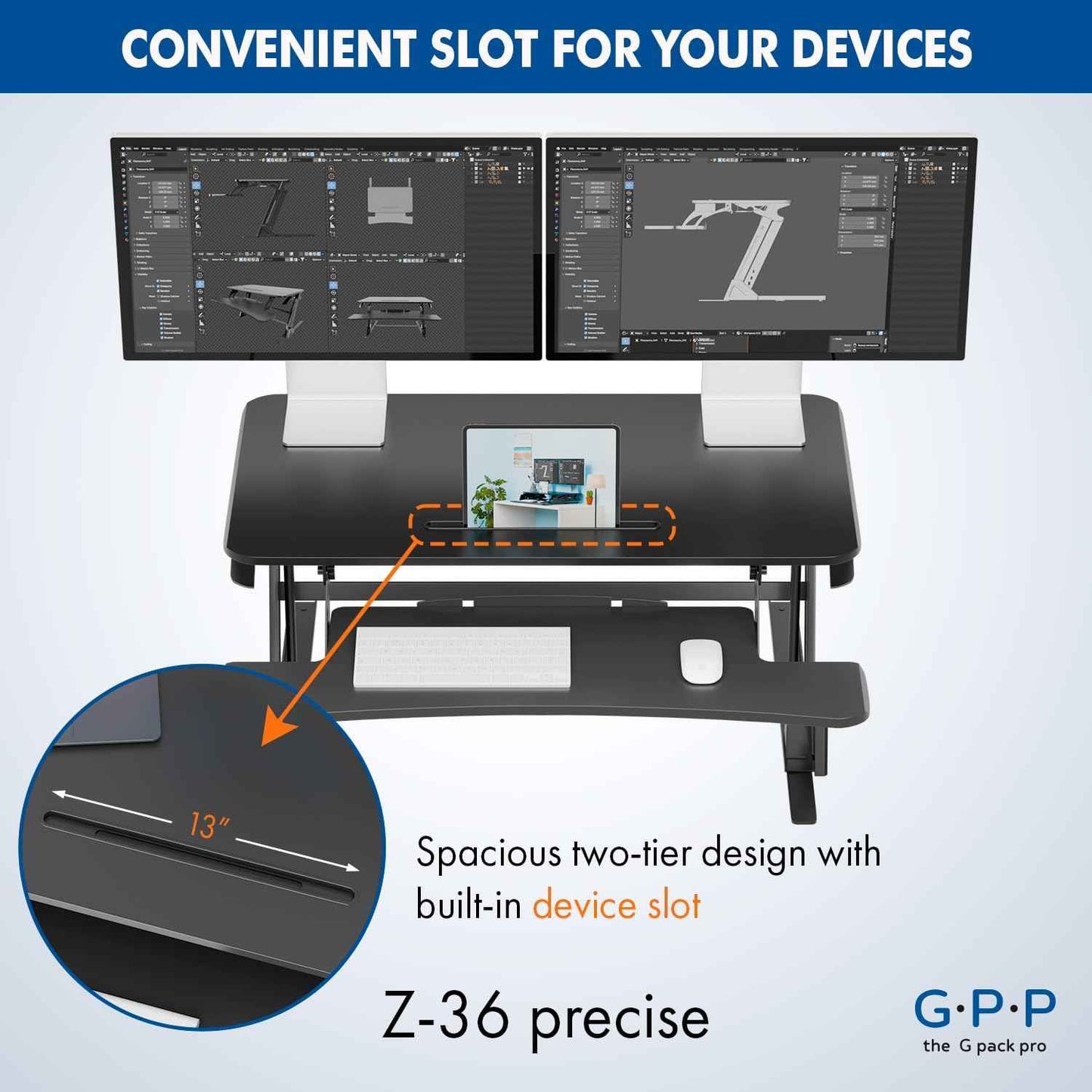36″ Wide Standing Desk Converter – Sit-to-Stand Workstation for Dual Monitors, Height Adjustable Up to 17.3″ with Large Keyboard Tray – Black