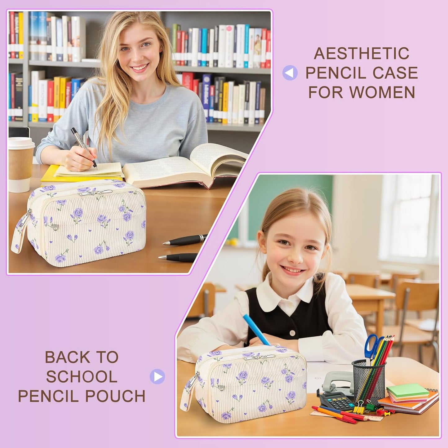 Large Pencil Pouch for Girls,Cute Corduroy Pencil Case Pouch Aesthetic Soft Pencil Bag for School, Zippered Pencil Organizer School Supplies for Teen Girls Women Gift (purple floral)