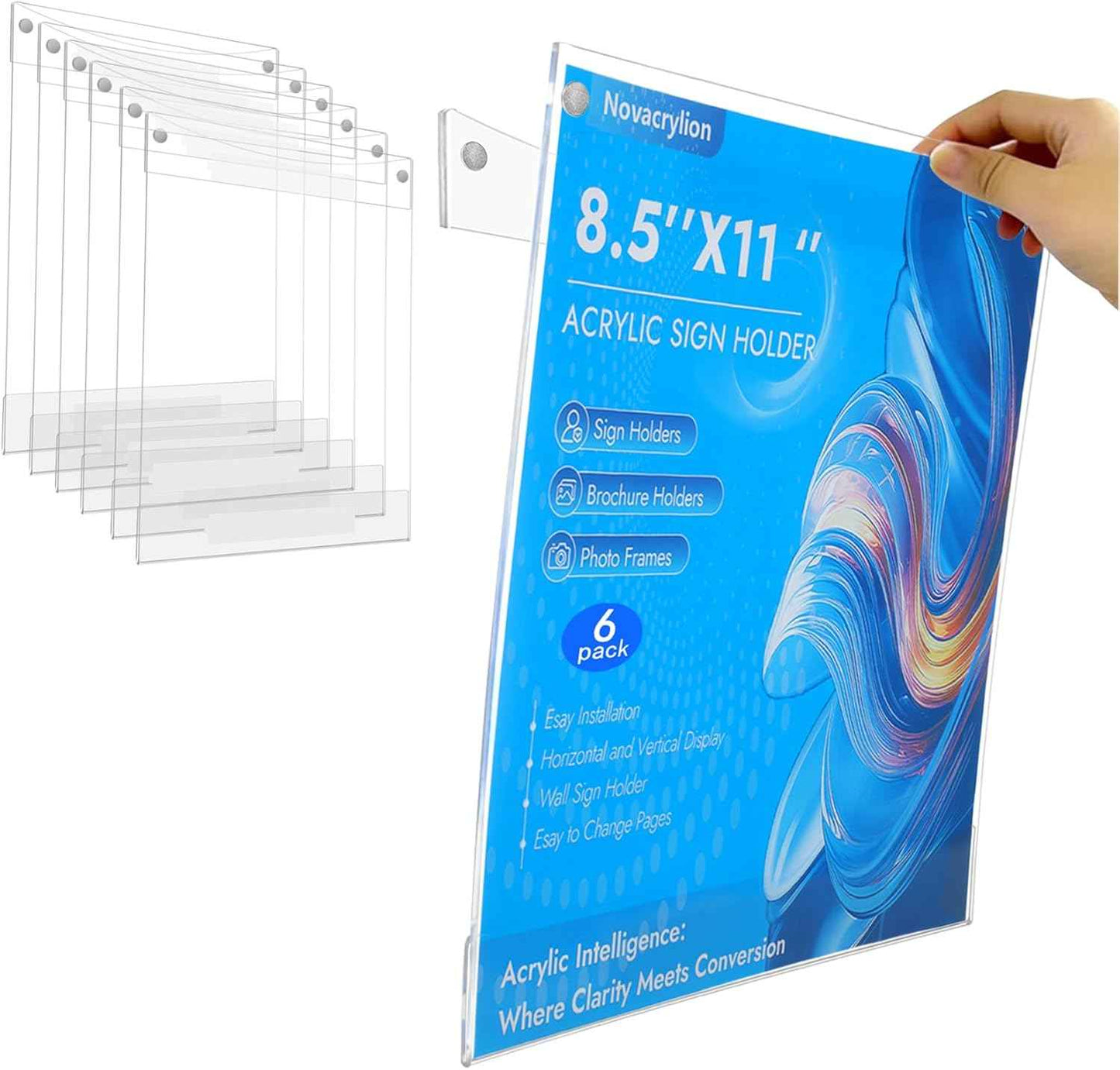 Acrylic Sign Holder 8.5 x 11 Wall Mount, Adhesive & Magnetic Back - Vertical or Horizontal Mount for Office, Classroom, Retail Displays on Glass, Doors, Wood, or Other Smooth Surfaces