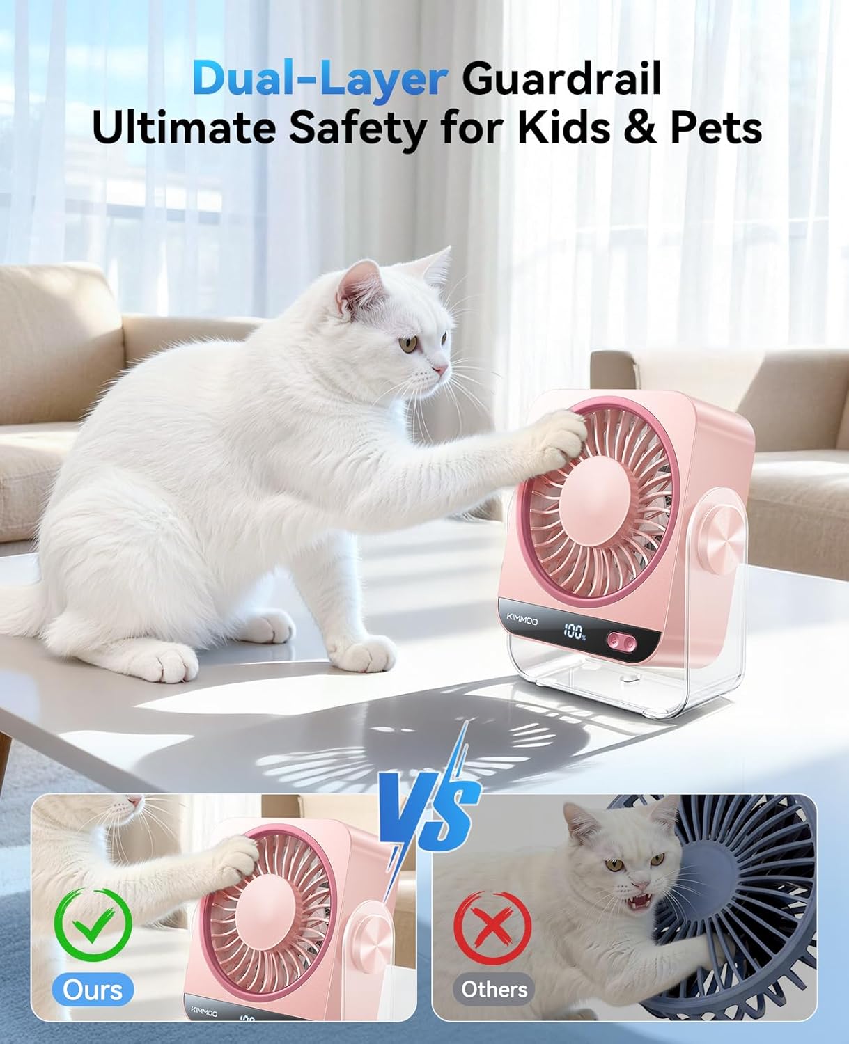 KIMMOO Desk Fan for Bedroom, Rechargeable USB Turto Table Fan, 199 Speeds, 270° Rotating, Quiet Small Desk Fan with LED Display, Personal Desktop Cooling Fan, Wall Fan for Home Office Travel (Pink)