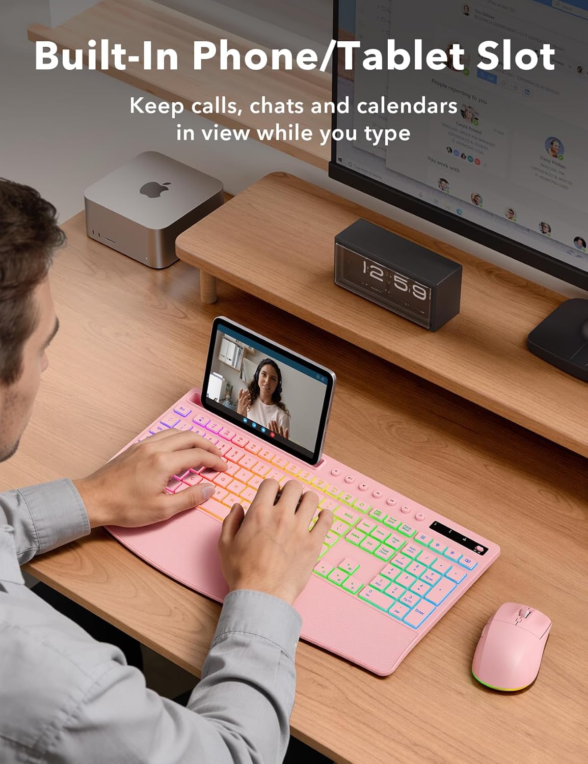 Trueque Wireless Keyboard and Mouse Combo, 4000mAh Rechargeable Backlit Keyboard with Wrist Rest & Phone Holder, Full Size Quiet Typing 2.4G USB-A/Type-C for PC Laptop Windows Mac (Pink)