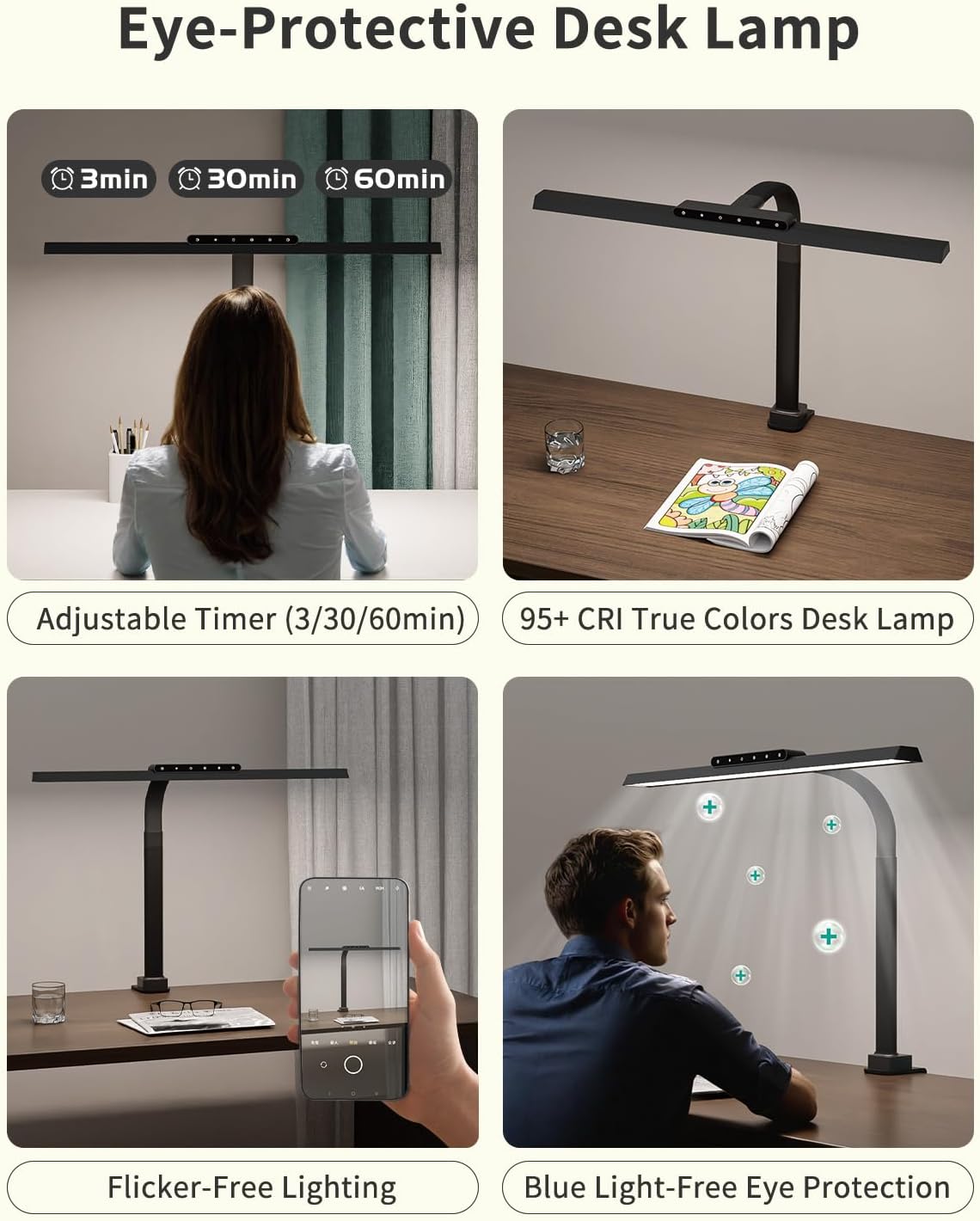 LED Desk Lamps for Home Office, 24W Bright Eye-Caring Light with Clamp, Stepless Dimming Adjustable Flexible Gooseneck Clip on Desk Office Lamp with Adapter for Reading, Study, Workbench,Black - Lumora Desk