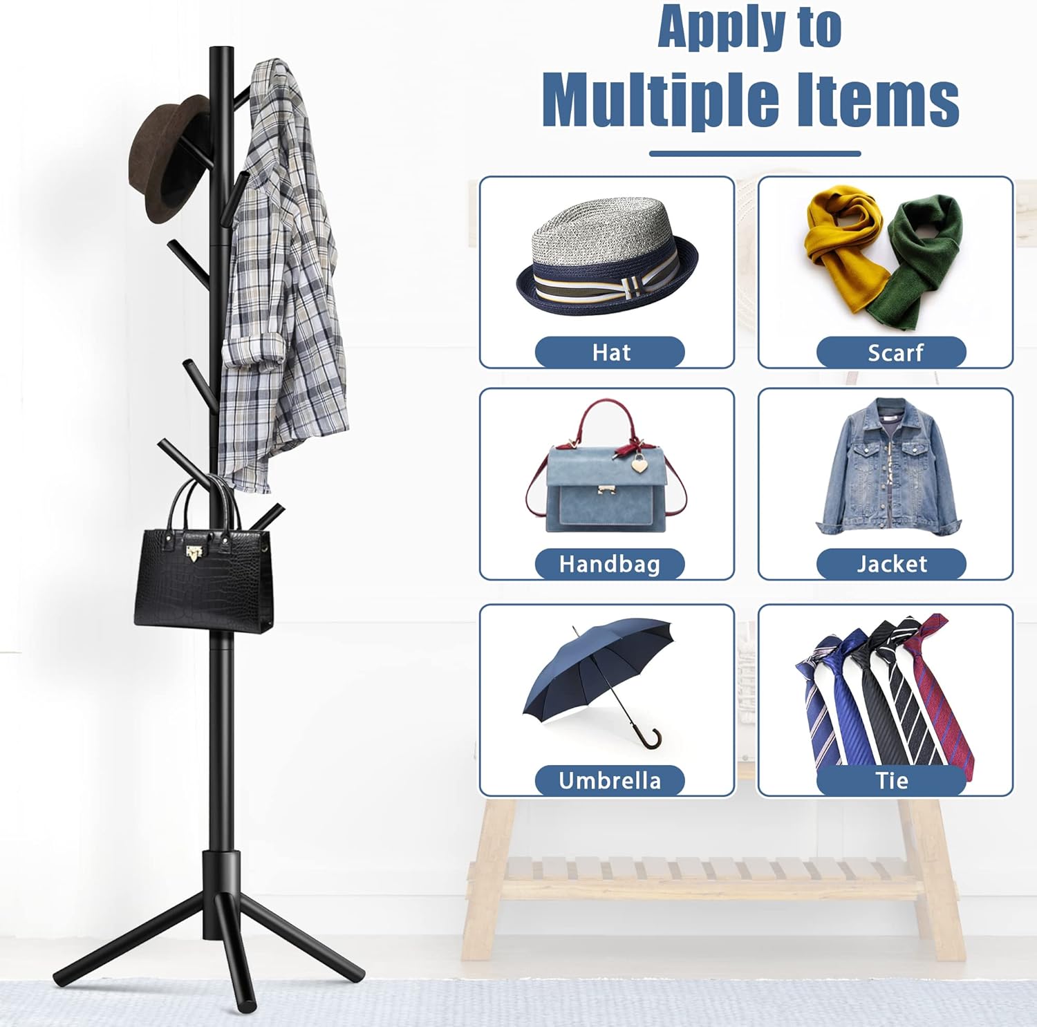 Haddockway Wooden Coat Rack Stand with 8 Hooks New Zealand Pine 3 Adjustable Coat Standing Tree Easy Assembly for Coats, Hats, Scarves and Handbags for Entryway, Hallway, Bedroom, Office,2 PCS - Lumora Desk