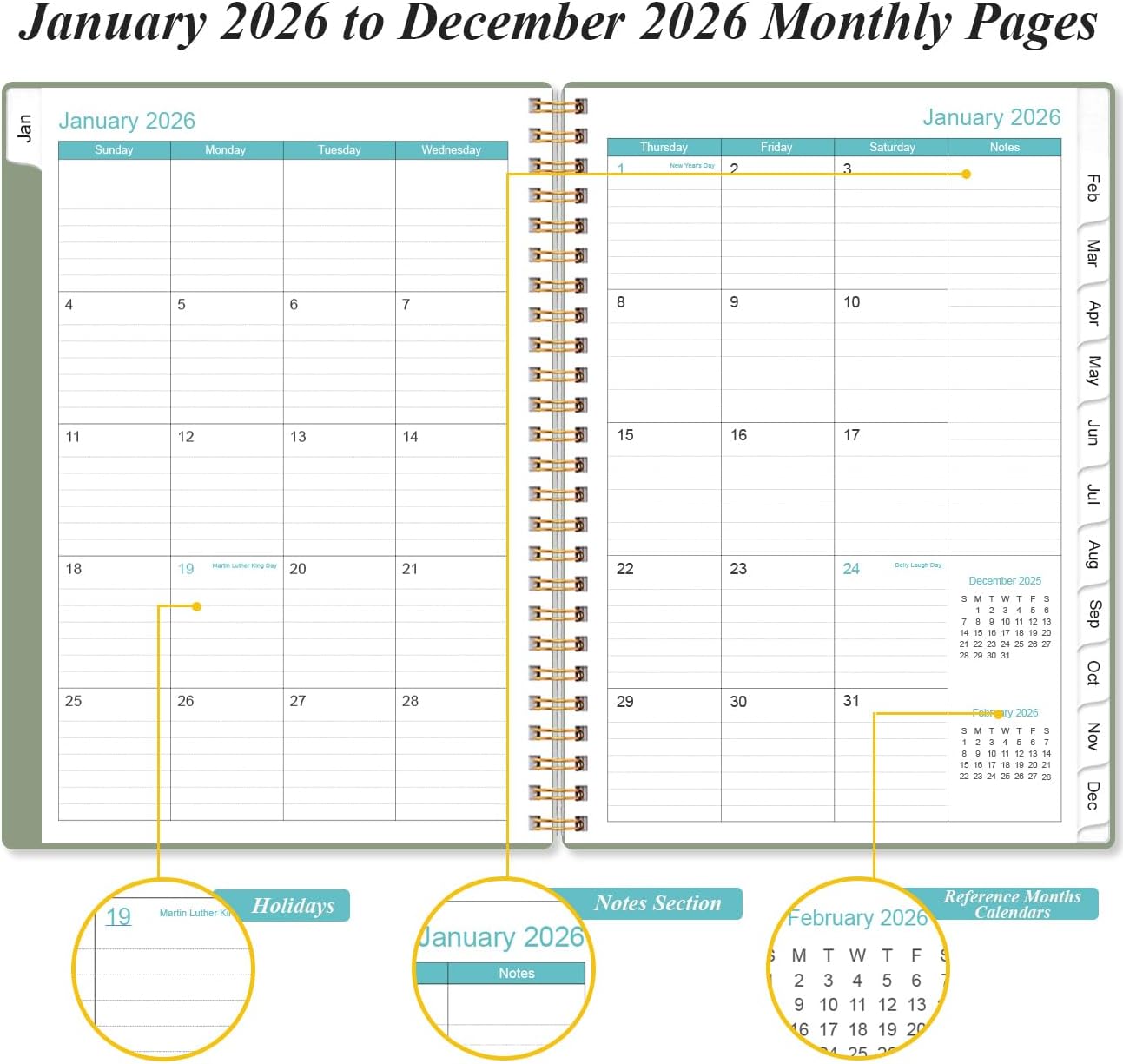 2026 Planner - Planner 2026 from January 2026 - December 2026, Weekly & Monthly Planner Spiral Bound with 12 Monthly Tabs, Inner Pocket, 6.4" x 8.5", Green-E