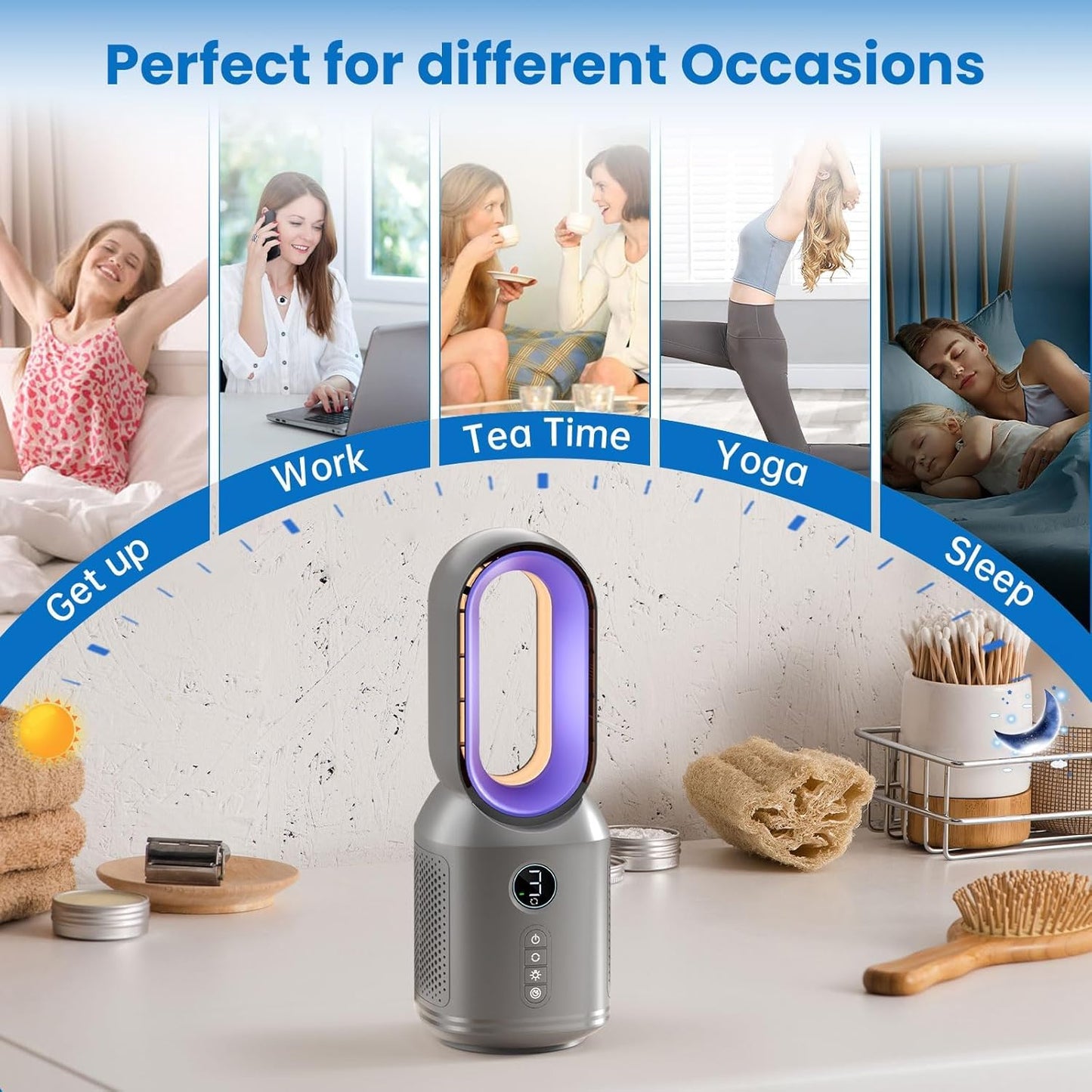 Bladeless Desk Fan, 13 Inch Quiet Oscillating with 106° Rotation, Battery Operated Portable Table Fan, 3 Speeds & Night Light, LED Display, Button Control, Personal Fan for Bedroom Office Nightstand
