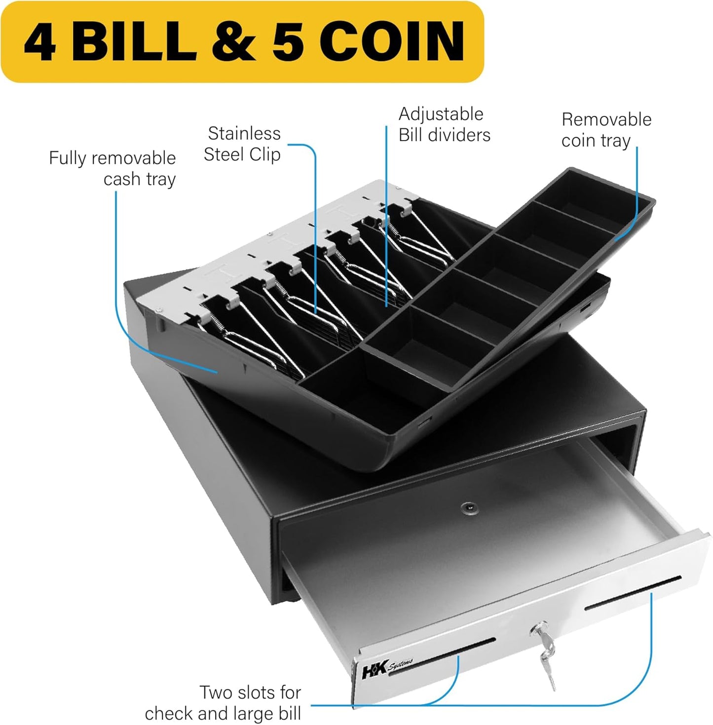 HK SYSTEMS 13inch "Stainless Steel" Front Heavy Duty Black POS Interface Cash Drawer with 4Bill/5Coin