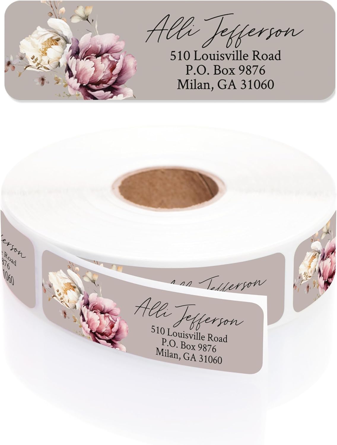 Taupe Watercolor Floral Rolled Address Labels / 500 Personalized Return Address Labels/Designer Address Stickers in Elegant Plastic Dispenser - Lumora Desk