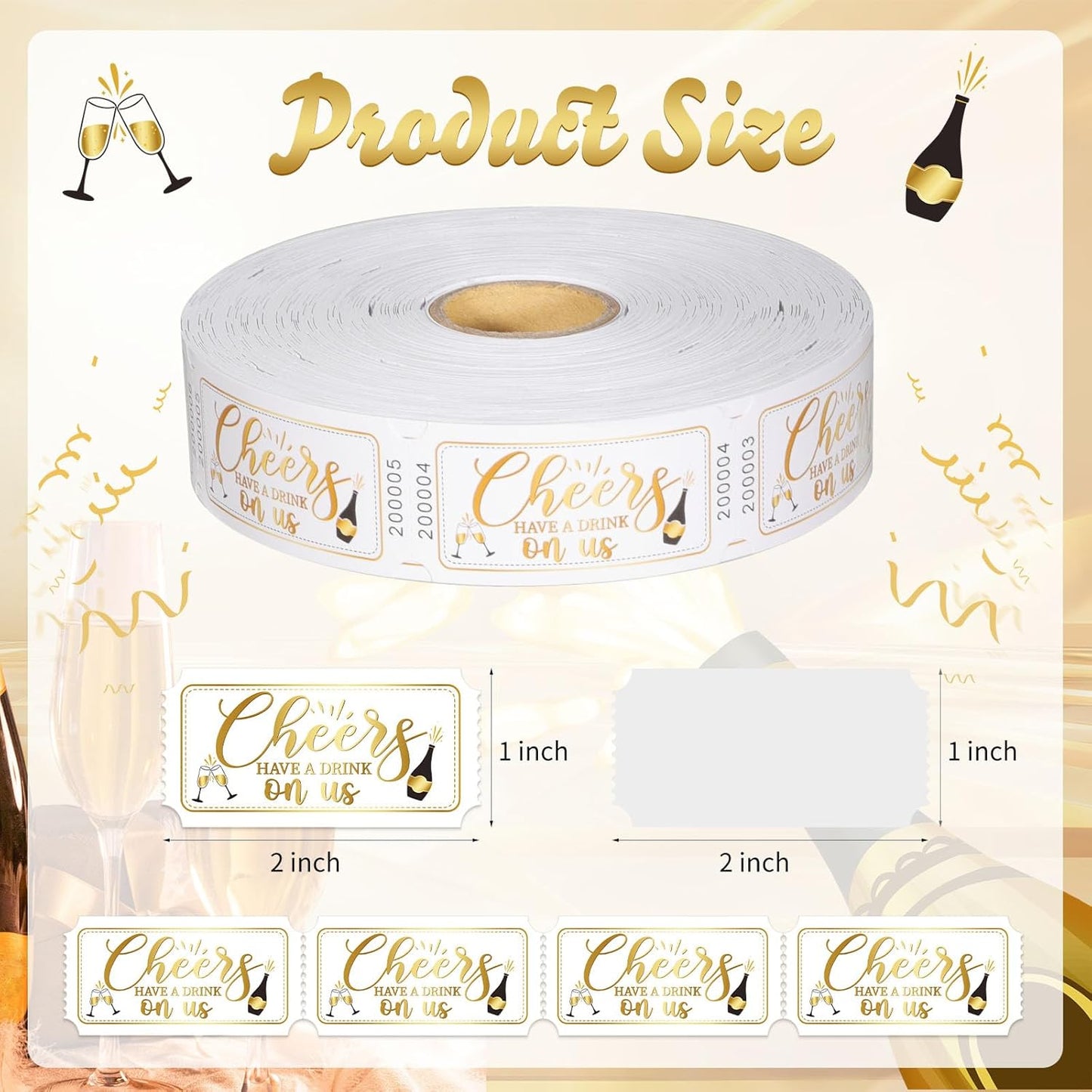 1000 Pcs Drink Ticket Single Raffle Tickets Roll Golden Cheers Free Drink Ticket for Events Wedding Work Formal Parties Leisure Class Reward