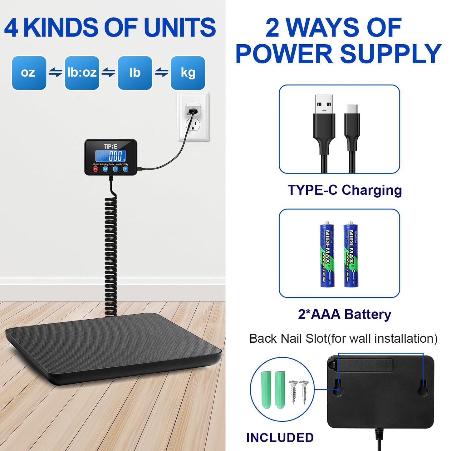 Digital Shipping Postal Scale 440lb/0.5oz Accuracy! Lightweight Carbon Fibre Commercial Weight Scale for Package, Small Business, Mail, Warehouse, Home, Luggage, Battery&Charging Cable Included