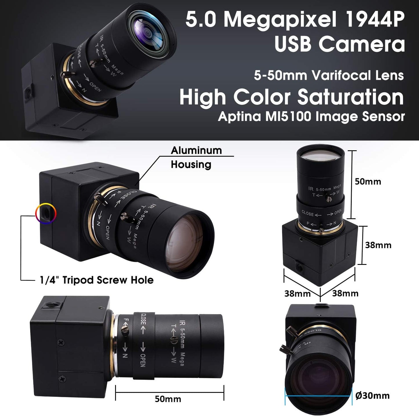 SVPRO 10X Optical Zoom USB Camera with 5-50mm Manual Lens, HD Webcam 5MP Portable Video Camera with Aptina MI5100 Sensor,Desktop Computer Camera for Online Class/Video Conference